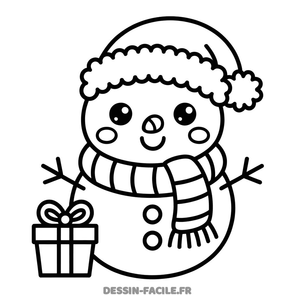 Bonhomme de neige kawaii avec bonnet de Père Noël, écharpe rayée et un cadeau à ses côtés