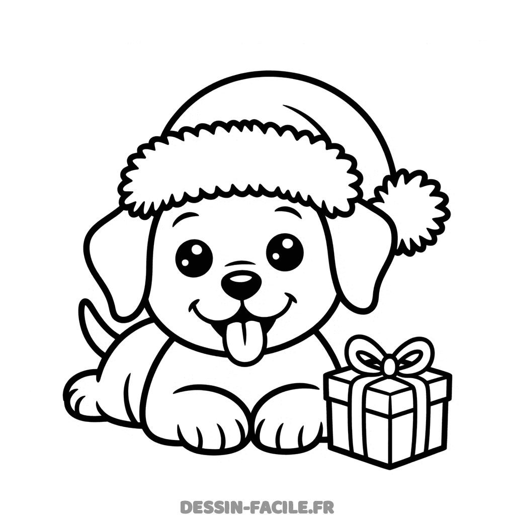 Chiot allongé en bonnet de Noël, la langue tirée, à côté d'un cadeau emballé