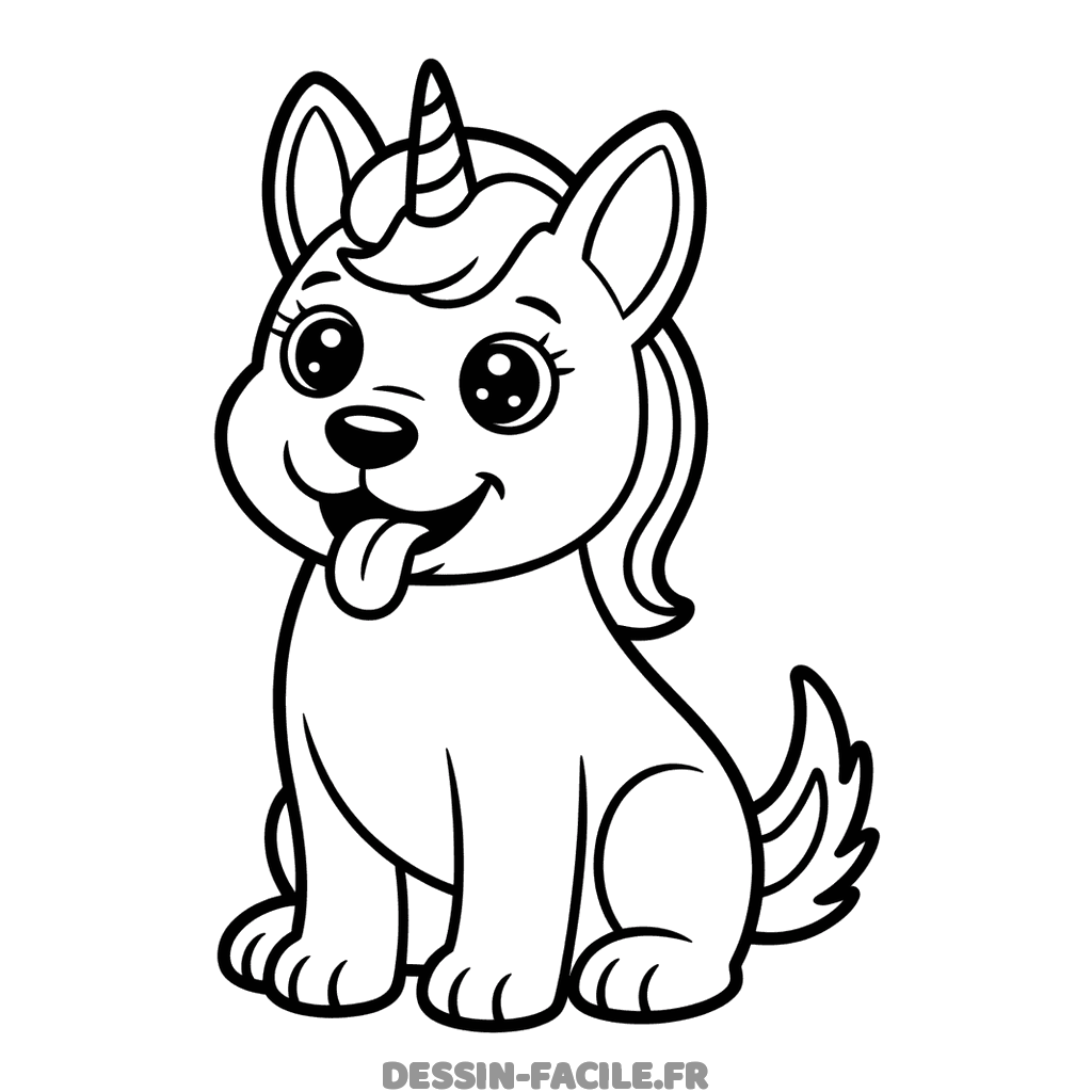 Chiot avec une corne de licorne, assis et tirant la langue en souriant