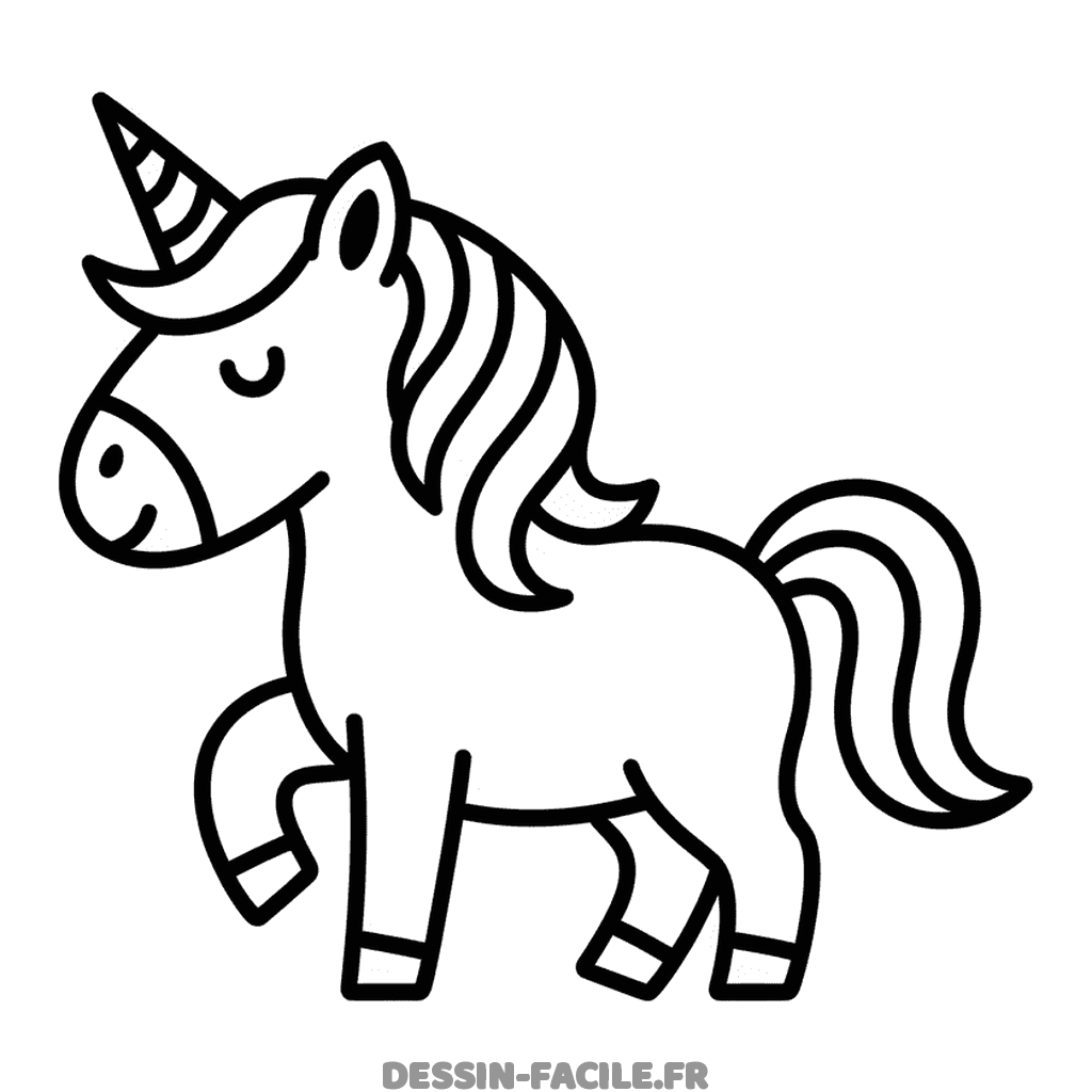 Licorne facile à dessiner, en pleine marche avec une crinière ondulée et la queue enroulée