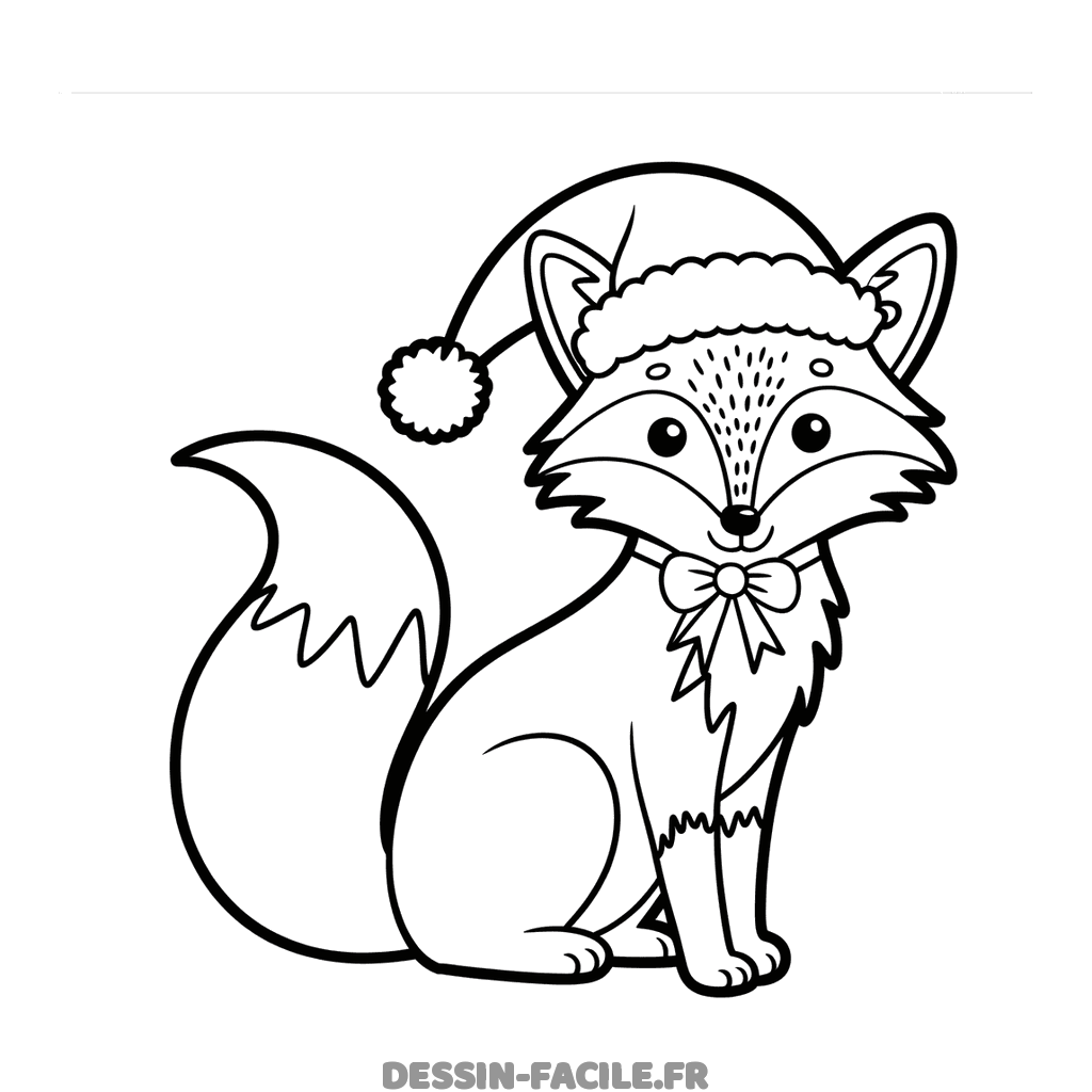 Renard assis en bonnet de Noël avec un nœud papillon et une queue touffue en zigzag