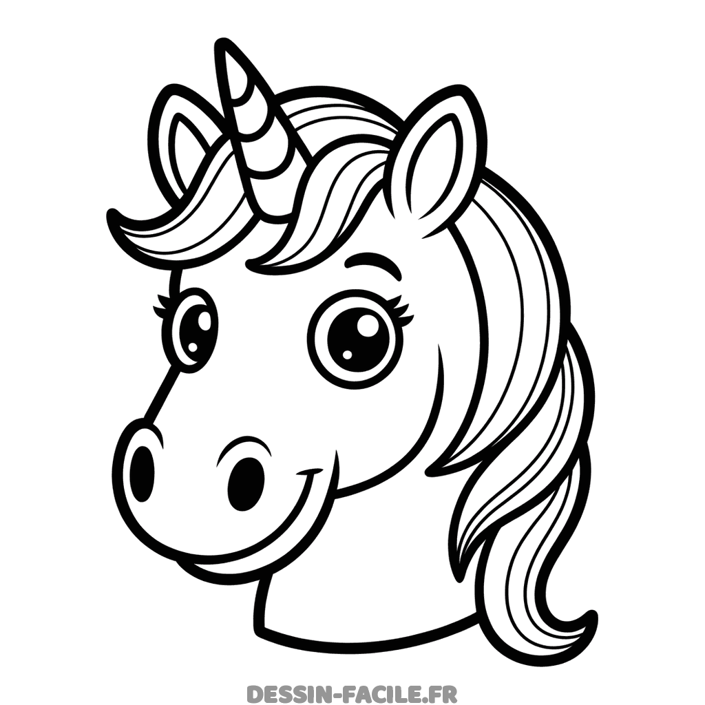 Tête de licorne dessinée en gros plan, corne en spirale et crinière ondulée sur le côté